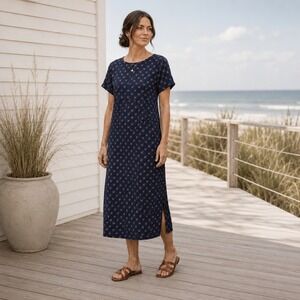 Vtg Valerie Stevens Linen Midi Dress S Petite Navy Floral Cottagecore Garden‎